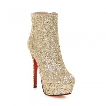 Women Boots Glitter Round Toe Thin Heels 